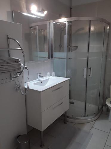 une salle de bain blanche avec une douche et un lavabo dans l'établissement Hotel des Voyageurs, à Payzac