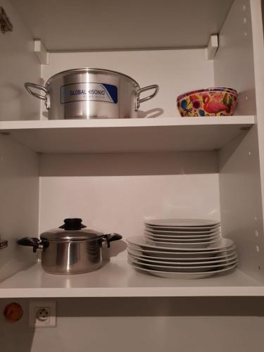 une étagère de cuisine avec de la vaisselle et un pot et des assiettes dans l'établissement Grand Appartement de 3 pièces, à Pierrelaye