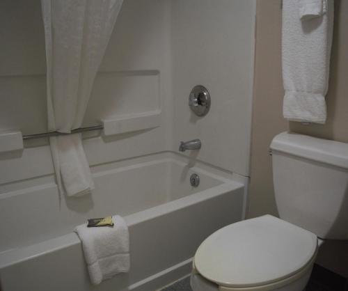 a bathroom with a white toilet and a bath tub at Landmark Inn in Hartsville