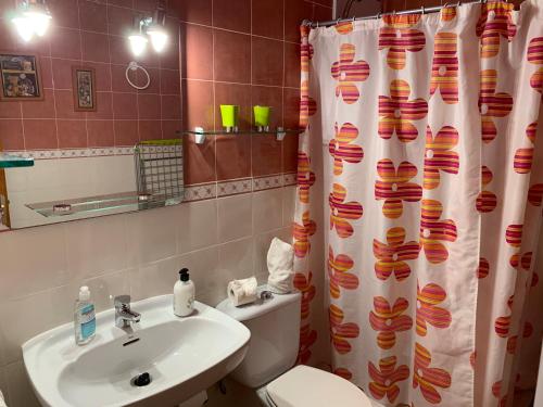 a bathroom with a sink and a toilet and a shower curtain at Apartamento Muelle de Corralejo 14 in Corralejo