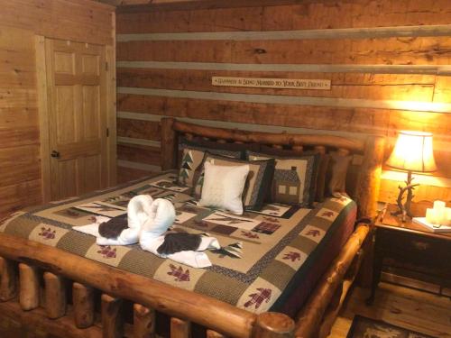 a bedroom with a bed with a cat laying on it at Bearadise in Townsend