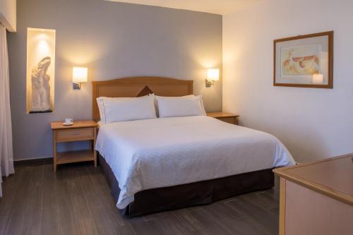 Habitación de hotel con 1 cama grande y 2 mesas en Fiesta Inn Chihuahua en Chihuahua