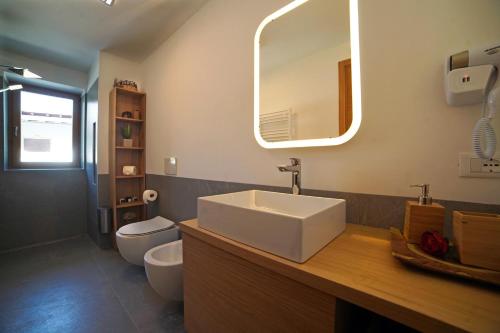a bathroom with a sink and a toilet and a mirror at Design Residence Del Passo in Padola
