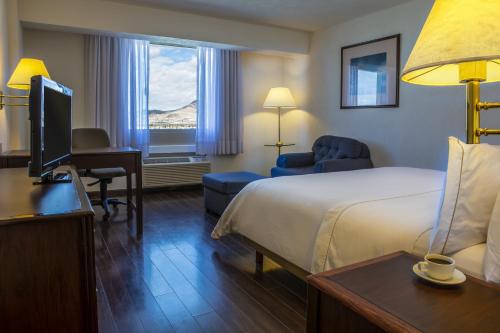 um quarto de hotel com uma cama, uma secretária e uma televisão em Fiesta Inn Ciudad Juarez em Ciudad Juárez