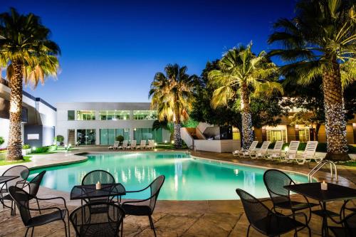 - une piscine avec des tables, des chaises et des palmiers dans l'établissement Fiesta Inn San Luis Potosi Glorieta Juarez, à San Luis Potosí