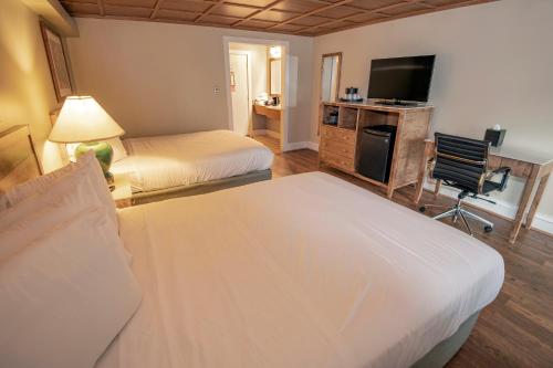 a hotel room with two beds and a flat screen tv at Carter Caves State Resort Park in Olive Hill