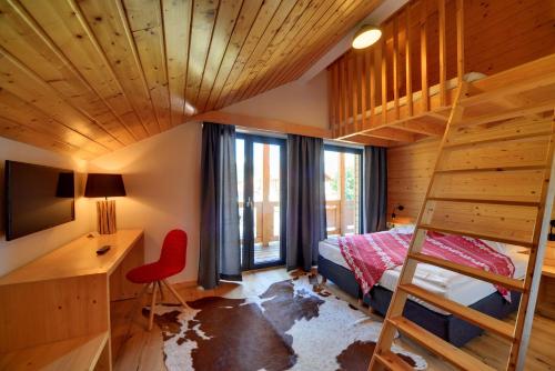 a bedroom with a bunk bed and a desk and a ladder at Dom Górski in Karpacz