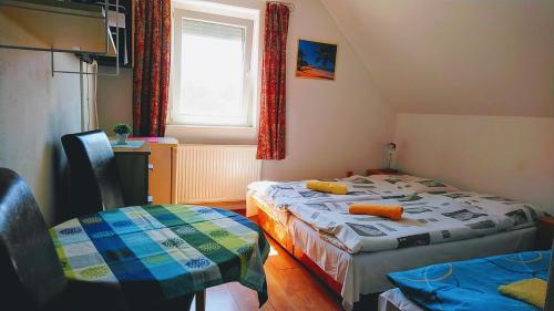 a small room with two beds and a window at Vila Nela in Podhájska