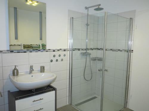 a bathroom with a sink and a glass shower at Ferienwohnung Christina in Hinterweiler