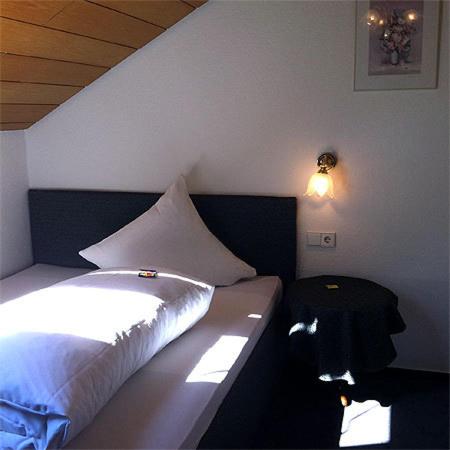 a bedroom with a bed and a table and a lamp at Gästehaus Ullmannshof in Kirchheim am Neckar