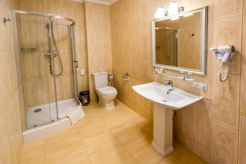 a bathroom with a sink and a shower and a toilet at FENIX TOWN in Vinnytsya