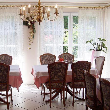 a dining room with a table and chairs and a chandelier at Gästehaus Ullmannshof in Kirchheim am Neckar