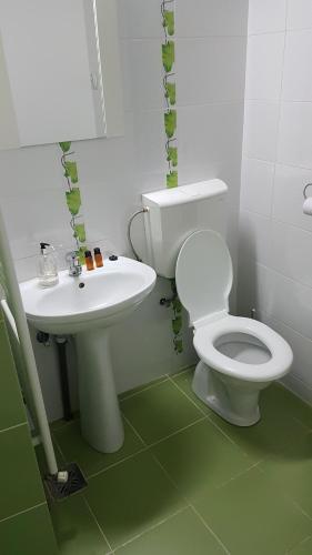 een badkamer met een wit toilet en een wastafel bij Apartament 13 Central in Târgu-Mureş