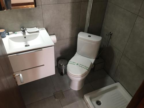 a small bathroom with a toilet and a sink at Thomas Art Hotel in Pelekas