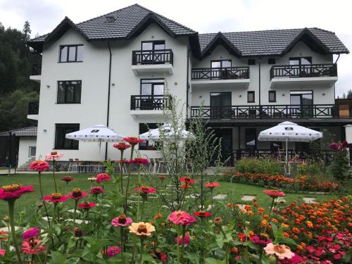 a large white building with a garden with flowers at Pensiunea Edelweiss in Voineasa