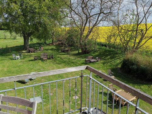 a view of a park with benches and picnic tables at Gutshaus Thorstorf FeWo Groß Schwansee in Warnow