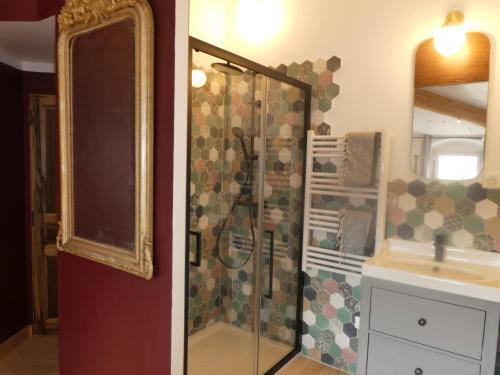 een badkamer met een douche, een wastafel en een spiegel bij L'auguste maison d'hôtes in Valensole