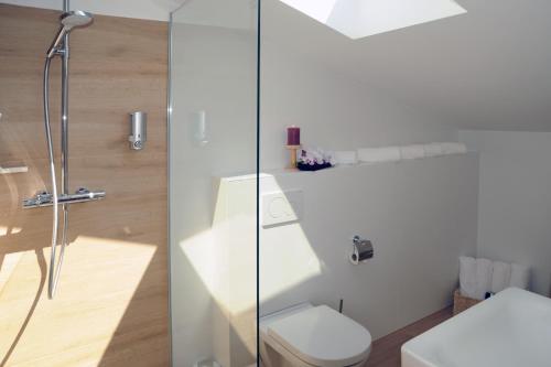 ein Bad mit einem WC und einer Glasdusche in der Unterkunft Pension Lerchenfeld in Schongau
