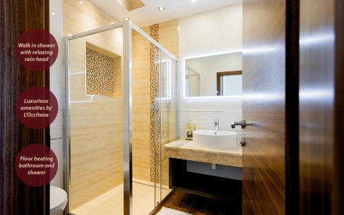 
a bathroom with a shower, sink, and mirror at Villa Višnja in Brela
