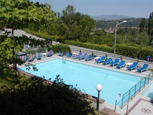 a large swimming pool with blue lounge chairs at Hotel Tortorina in Urbino