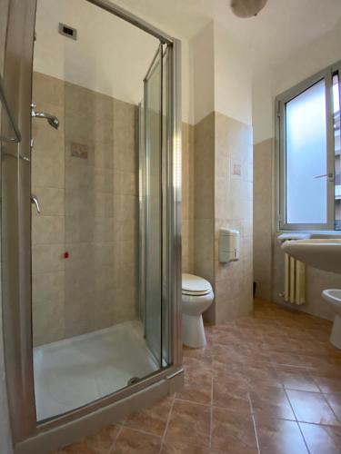 y baño con ducha, aseo y lavamanos. en Hotel Ristorante Novara Expo, en Bareggio