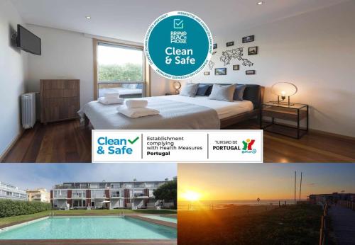 a collage of photos with a bedroom and a pool at Bruno's Beach House in Lavra