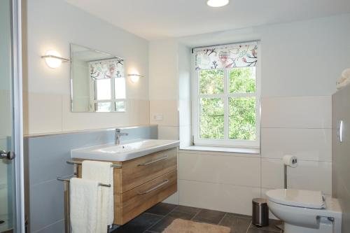 ein Bad mit einem Waschbecken, einem WC und einem Fenster in der Unterkunft Das Kartenhaus in Saarburg