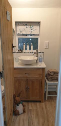 a bathroom with a sink and a window with a teddy bear at The Nest at Bramble Cottage Lacock in Lacock