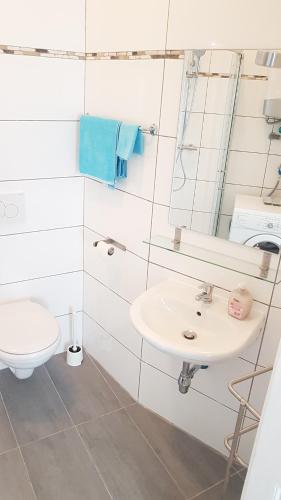 ein Bad mit einem Waschbecken und einem WC in der Unterkunft Sobieski Town Apartments in Wien