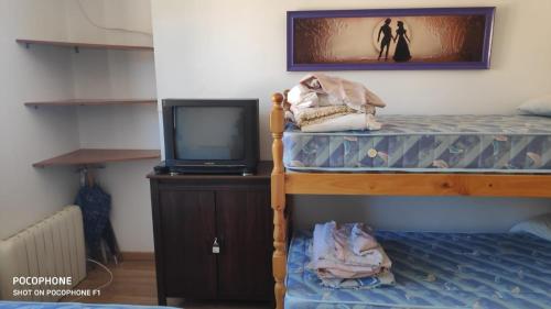 a bedroom with a bunk bed and a television at Apartamento rural en bronchales, Sierra de Albarracín in Bronchales