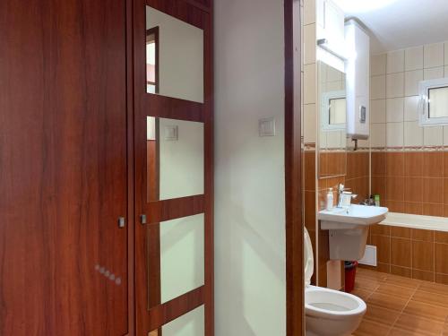 een badkamer met een toilet en een wastafel bij Ana Center Apartment in Galaţi
