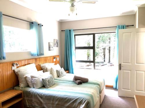1 dormitorio con 1 cama con cortinas azules y ventana en Berghaven Cottages, en Winterton