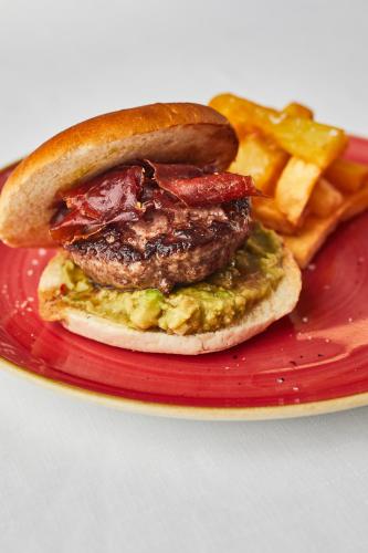 a hamburger on a red plate with french fries at Hotel Silken Palacio Uribarren in Lekeitio