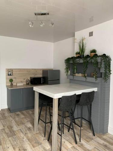 une cuisine avec une table et des chaises dans une pièce dans l'établissement La Felicità classement ****vue Cathédrale!, à Boulogne-sur-Mer