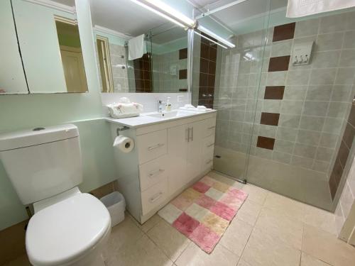 a bathroom with a toilet and a sink and a shower at Curtis Falls Studio-Apartment in Mount Tamborine