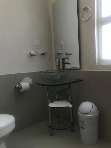 a bathroom with a sink and a toilet and a mirror at Malinalli Express in Apizaco