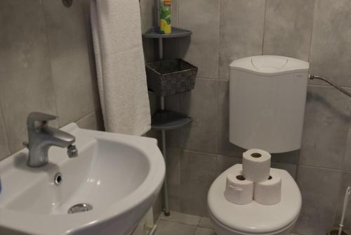 a bathroom with a white sink and a toilet at Gabriella Panzió in Bük