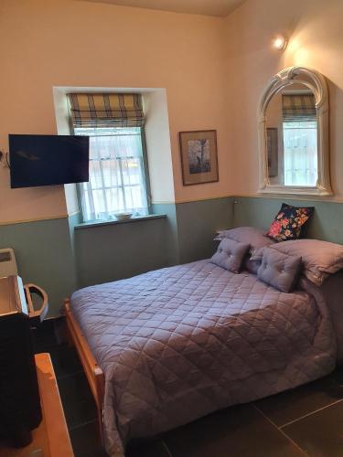 a bedroom with a bed with a tv on the wall at Leithen Lodge in Innerleithen