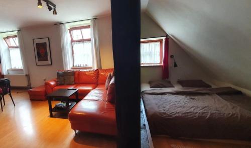 sala de estar con sofá y cama en Apartmá v Rodném domě Vincenze Priessnitze v centru lázní, en Jeseník