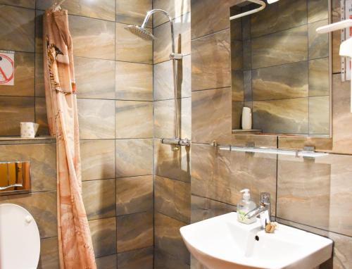 a bathroom with a sink and a shower at Boutique Hotel Sena in Berlin