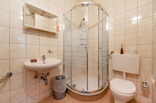 a bathroom with a shower and a toilet and a sink at Hotel Waitz -Self Check In in Unterwaltersdorf