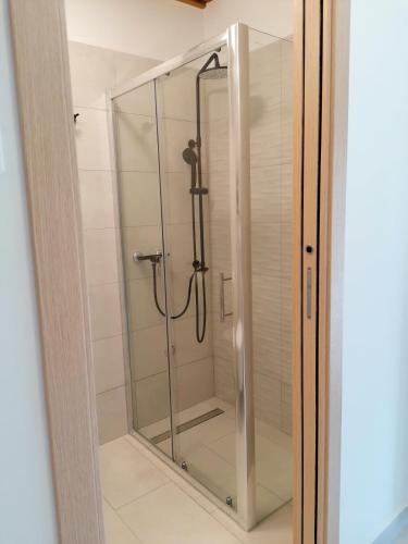 a shower with a glass door in a bathroom at Lolo Apartment in Klenovica