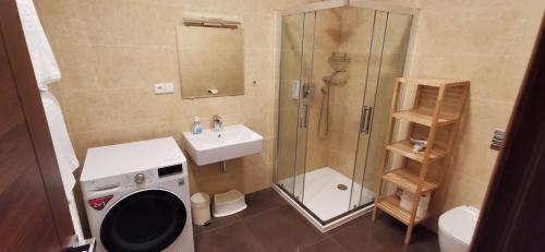 a bathroom with a shower and a washing machine at Moser Apartment Carlsbad in Karlovy Vary