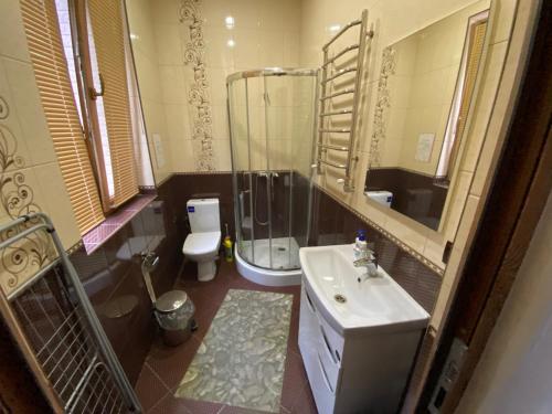 a bathroom with a shower and a sink and a toilet at Оранта in Skhidnitsa