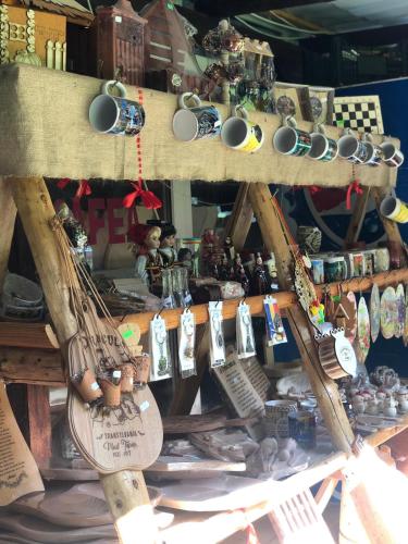 a shelf with a bunch of items on it at CABANUTE si CAMPING DRACULA in Căpăţîneni-Pămînteni