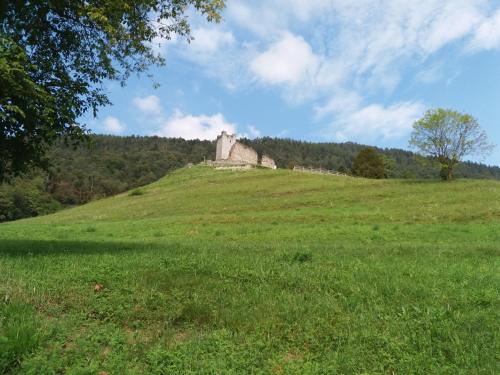 a castle on top of a grassy hill at Appartamento Garda Dolomiti crocevia tra laghi e montagne in Comano Terme
