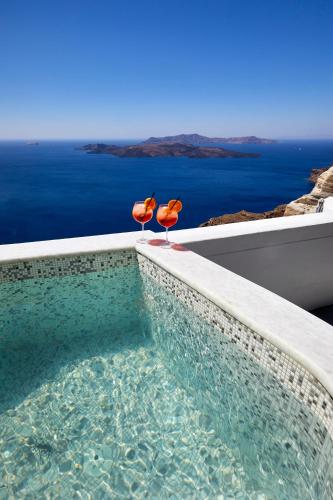 two flamingos sitting on the edge of a swimming pool at Petit Palace Suites in Fira