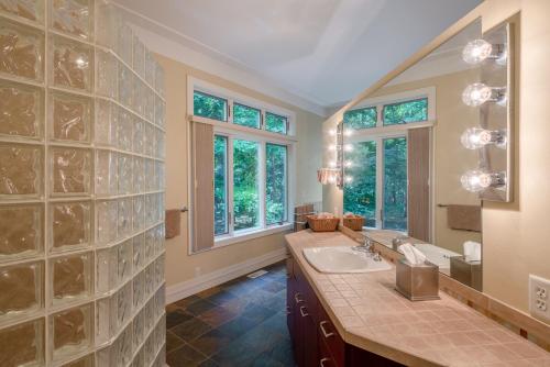 a bathroom with two sinks and a large mirror at Pigeon Creek Inn - Adults Only in Holland