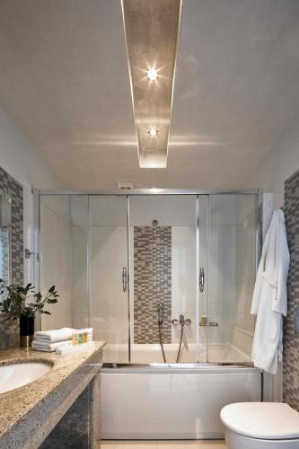 a bathroom with a shower and a toilet and a sink at Petit Palace Suites in Fira