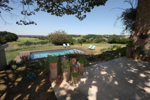 un patio trasero con piscina con macetas en Le studio de Jacobiel, en Verlhac-Tescou